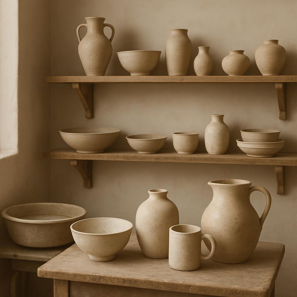 Meubles et objets décoratifs en terre cuite : poteries, jarrons et assiettes posés sur étagères en bois.